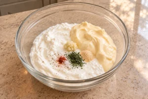Homemade yogurt and mayonnaise with garlic and seasonings before mixing Full GAPS ranch dip
