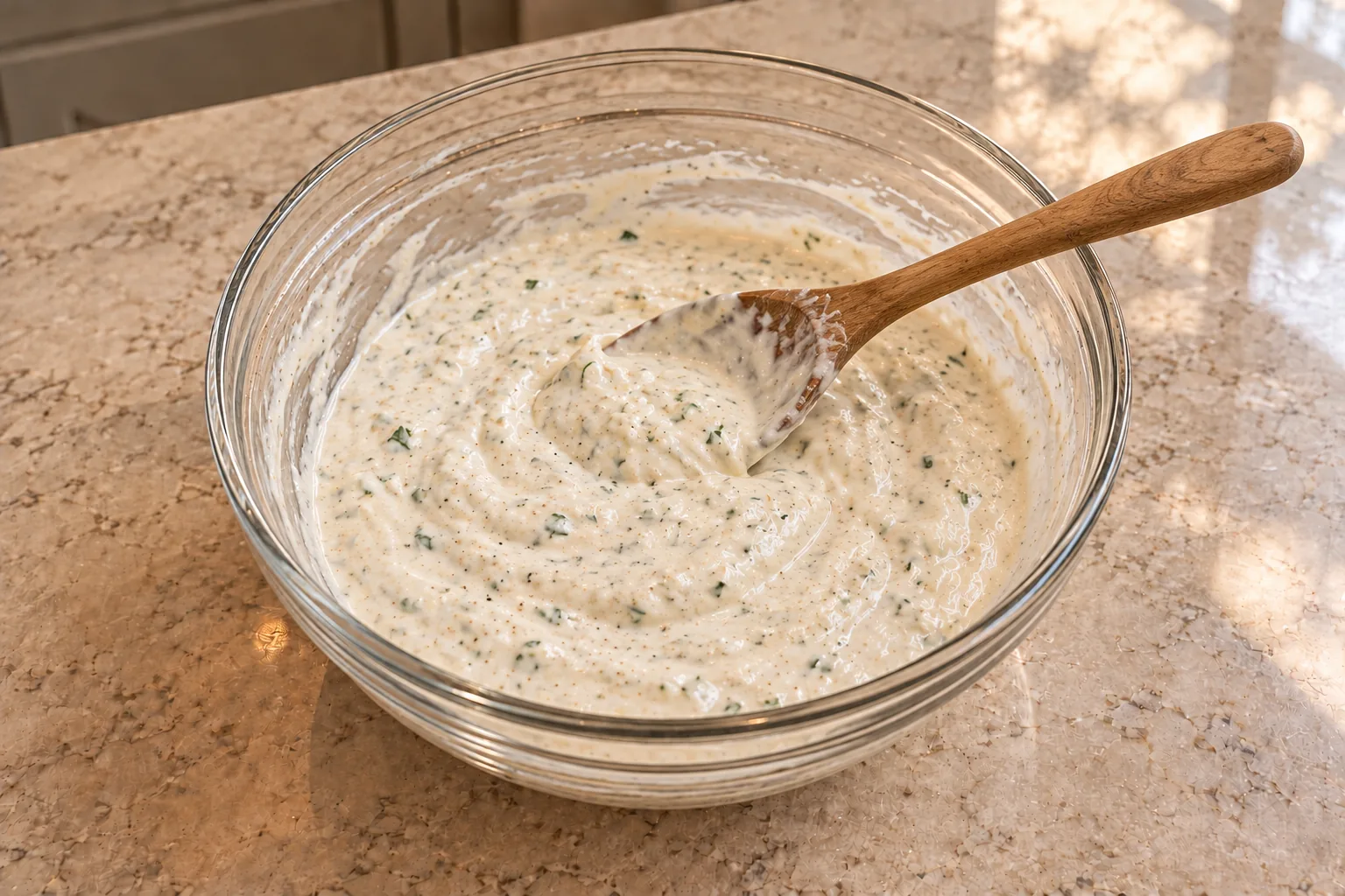 Chilled Full GAPS yogurt ranch dip stirred with a spoon coated in the creamy mixture