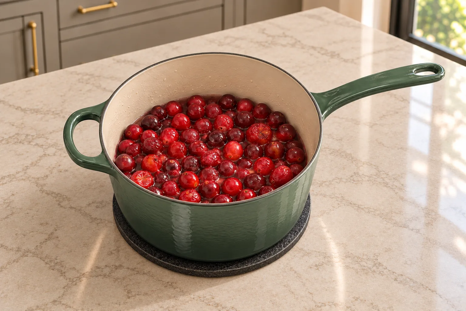 Fresh cranberries beginning to soften in water in an Artichaut saucepan
