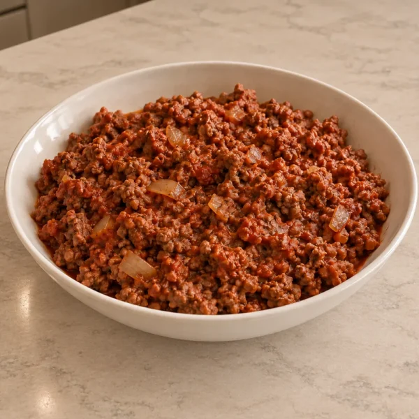 Full GAPS Italian sausage-style beef pizza sauce with tomato-coated beef crumbles and softened onion in a ceramic bowl.