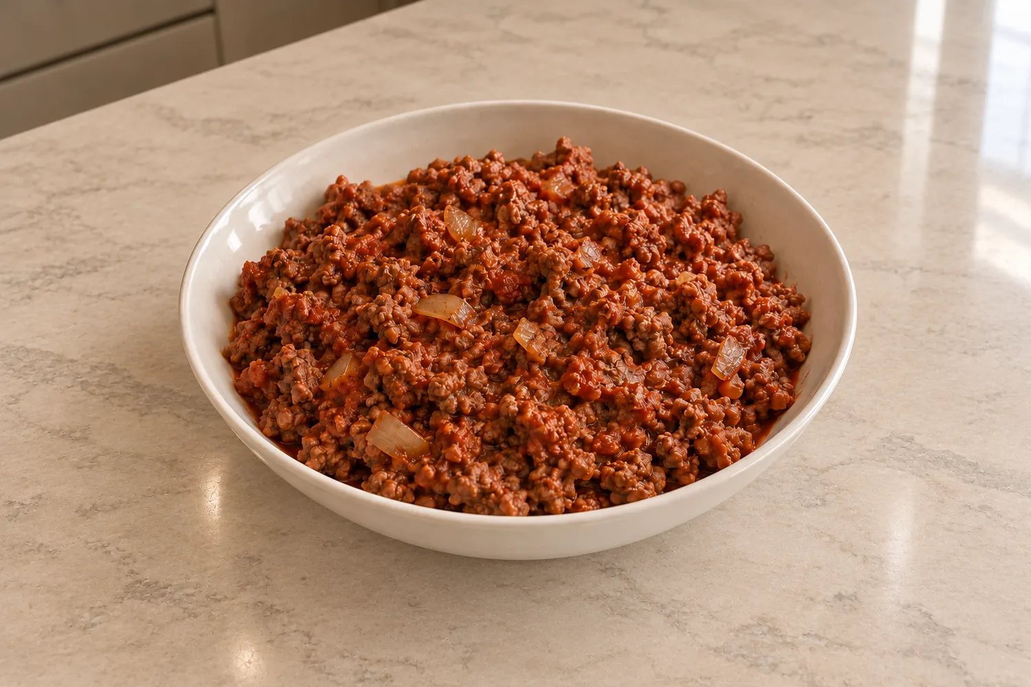 Full GAPS Italian sausage-style beef pizza sauce with tomato-coated beef crumbles and softened onion in a ceramic bowl.