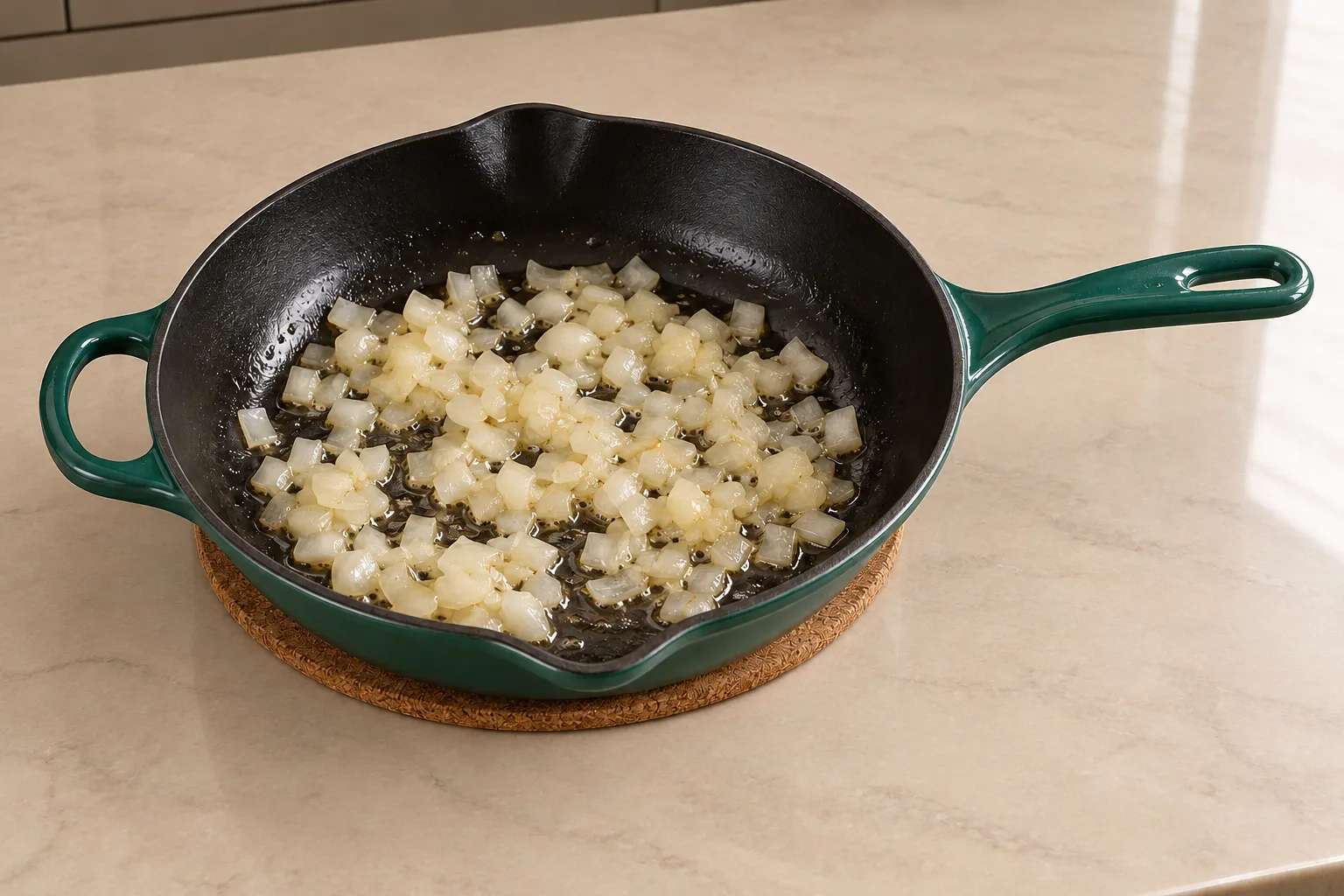 Chopped onion turning glossy and translucent in an Artichaut skillet for Full GAPS beef pizza sauce.