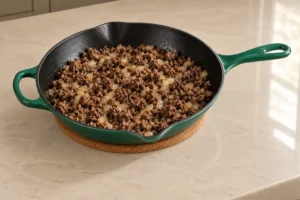 Browned ground beef and softened onion before adding tomato to Full GAPS pizza sauce.
