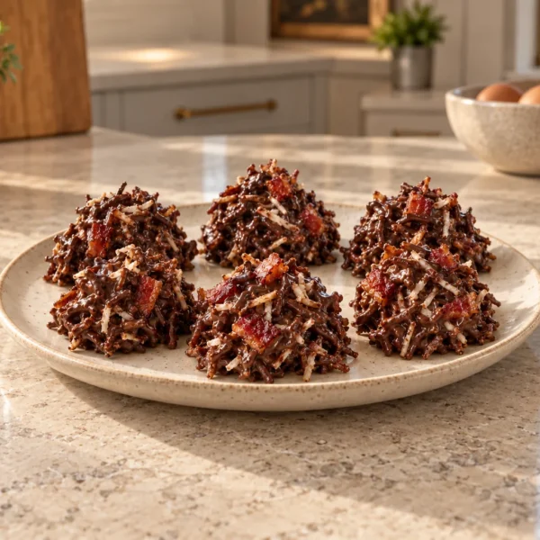 Six chocolate bacon coconut haystacks for Later Full GAPS on a cream plate