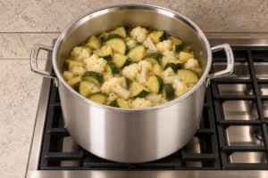 Fork-tender zucchini and cauliflower in chicken meat stock