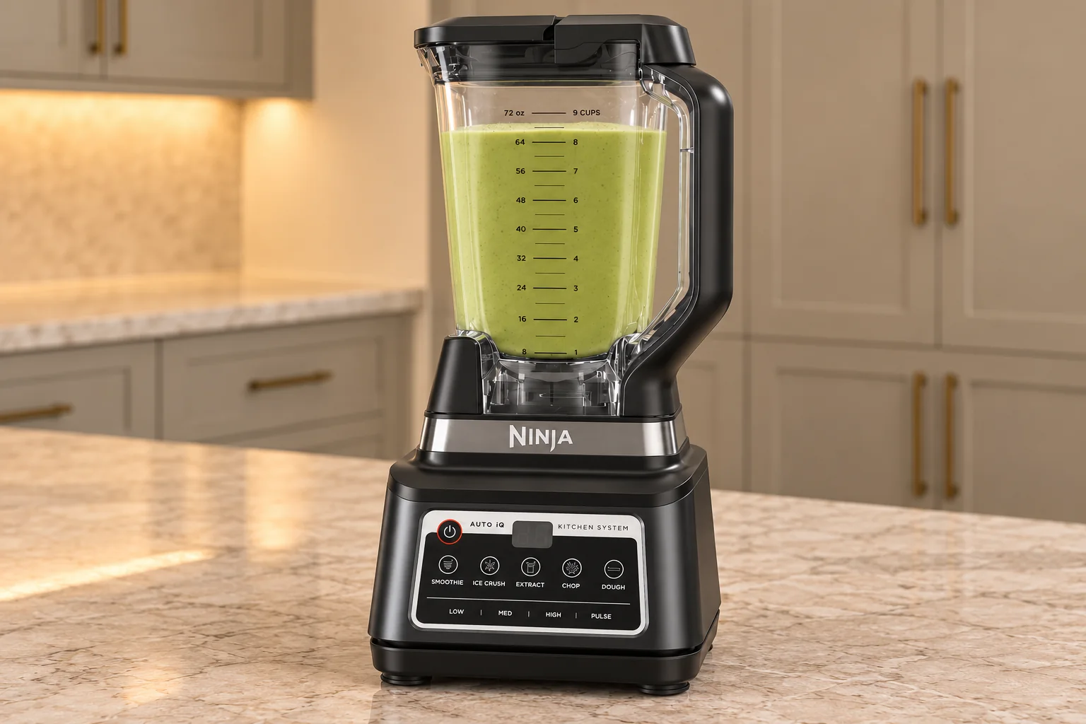 Cooled creamy zucchini cauliflower soup blended in the Ninja BN801