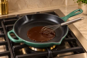 Small amount of runny cocoa gelatin mixture in an Artichaut skillet