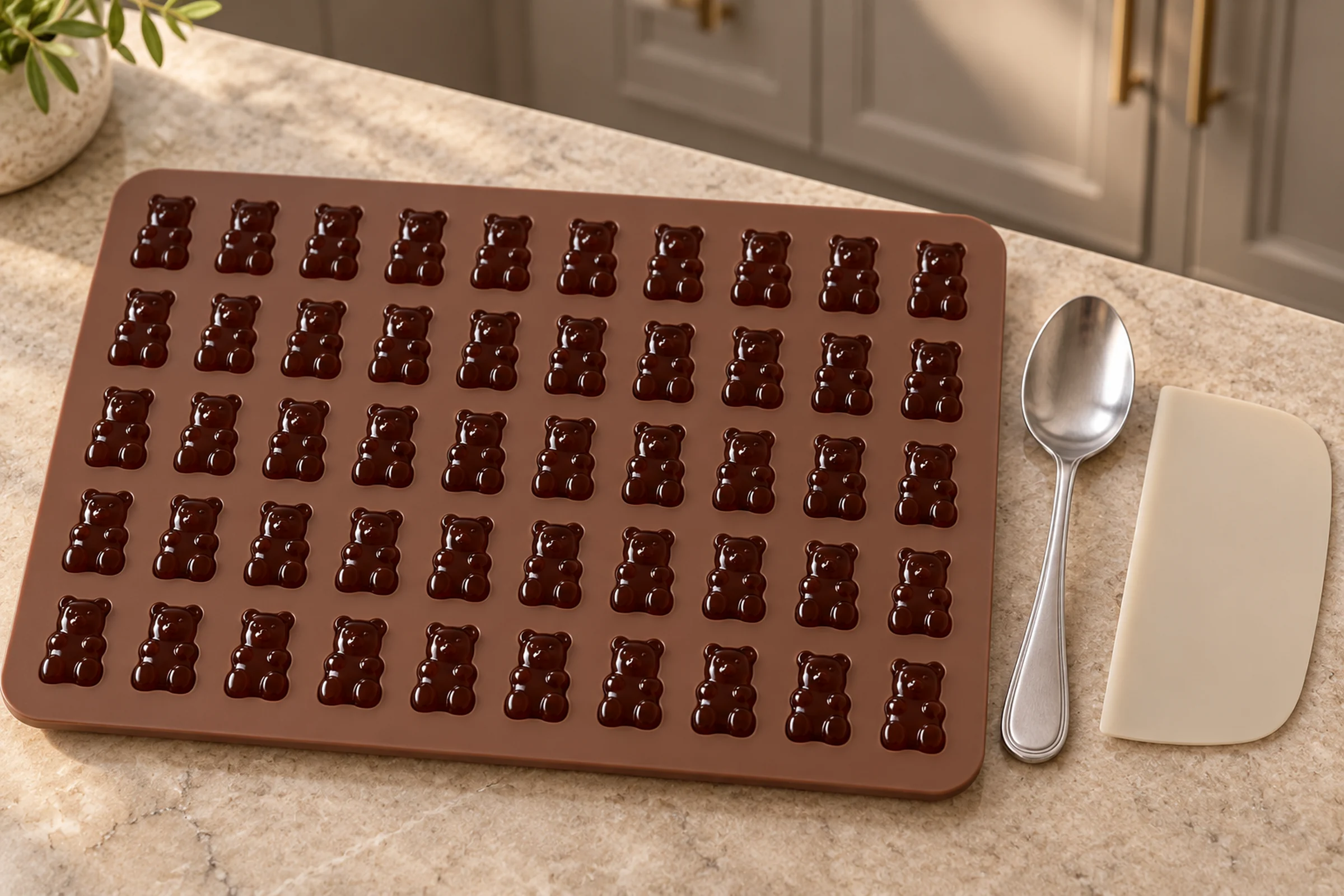 Chocolate gelatin mixture filling a silicone gummy-bear mold