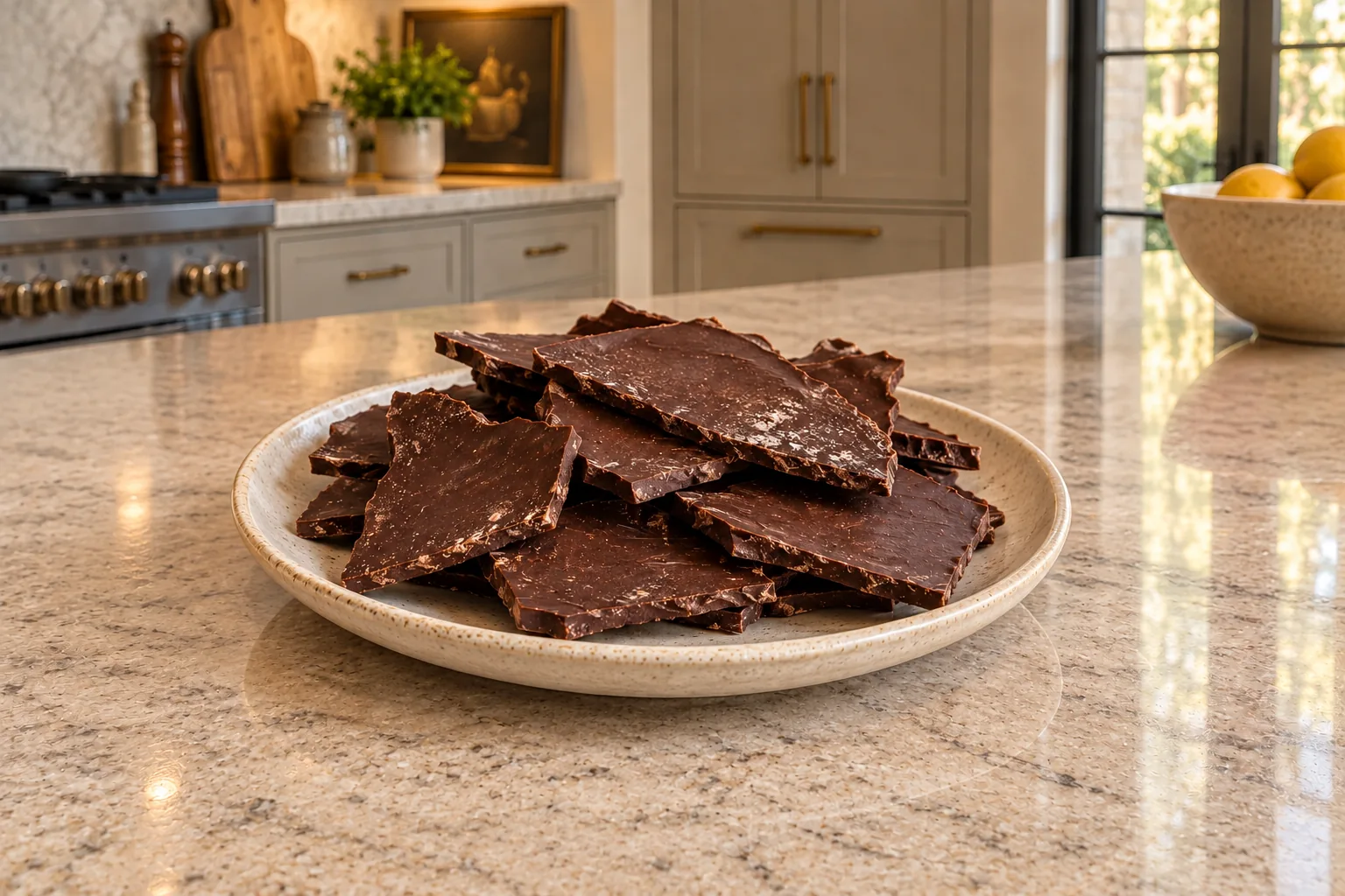 Equal-parts honey chocolate bark for Later Full GAPS on a cream plate