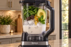 Measured mint chocolate coconut milkshake ingredients in the Ninja BN801 pitcher