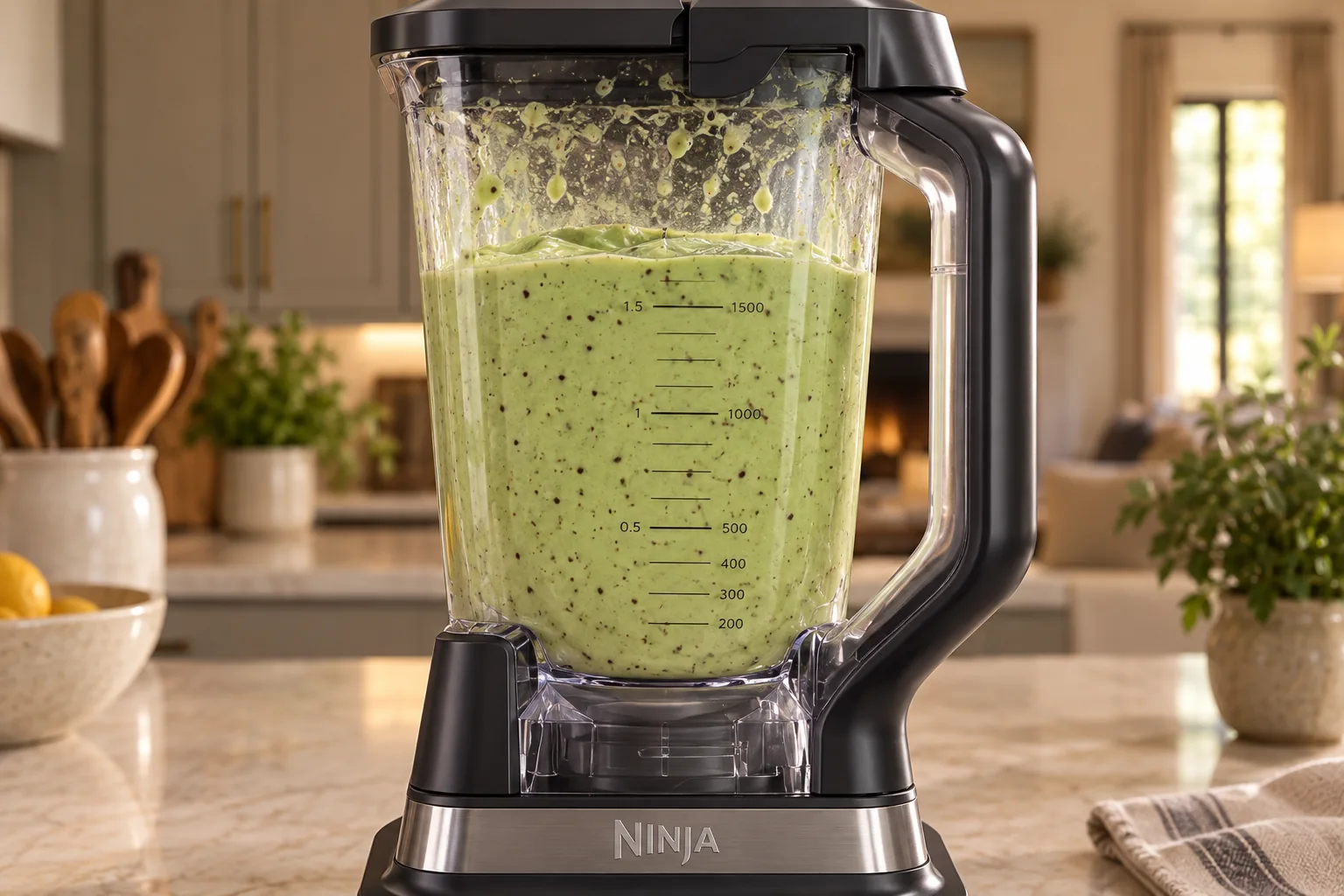 Pale green blended milkshake with tiny chocolate flecks in the Ninja BN801 pitcher