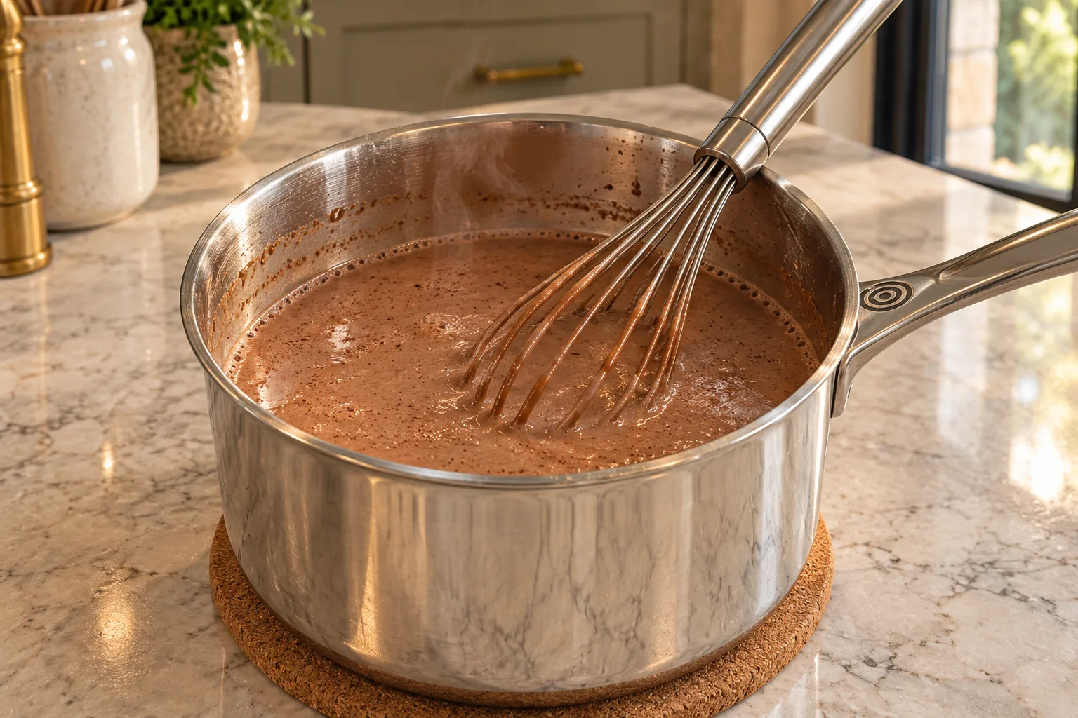 Warm smooth mocha eggnog for Later Full GAPS in a stainless saucepan with a coated whisk