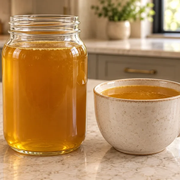 Leftover chicken carcass bone broth for later Full GAPS in a glass jar and ceramic cup