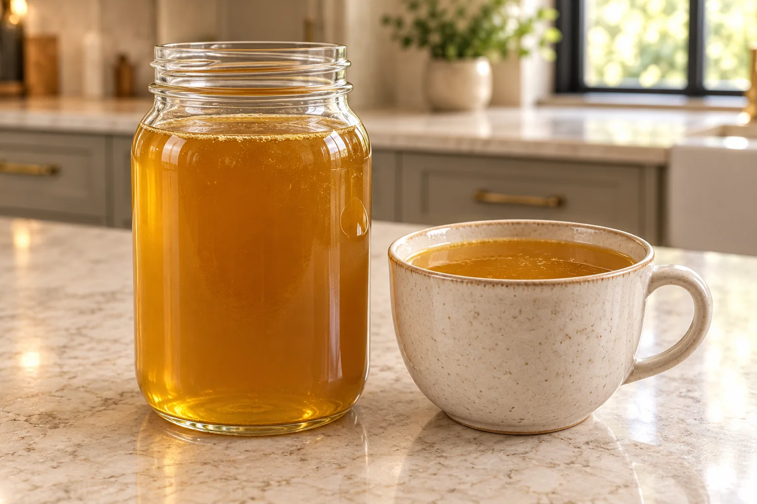 Leftover chicken carcass bone broth for later Full GAPS in a glass jar and ceramic cup
