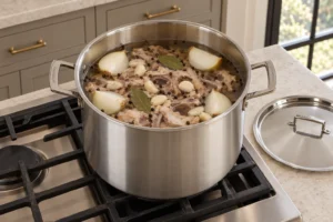 Cooked chicken carcass bones onion garlic bay and peppercorns with twelve cups water before heating