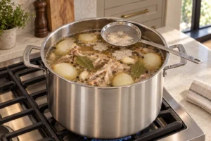 Scum removal from leftover chicken carcass bone broth with a supported stainless skimmer