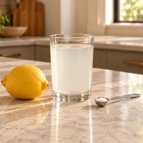 Plain-water lemon electrolyte drink for Full GAPS beside one fresh lemon and measured natural salt