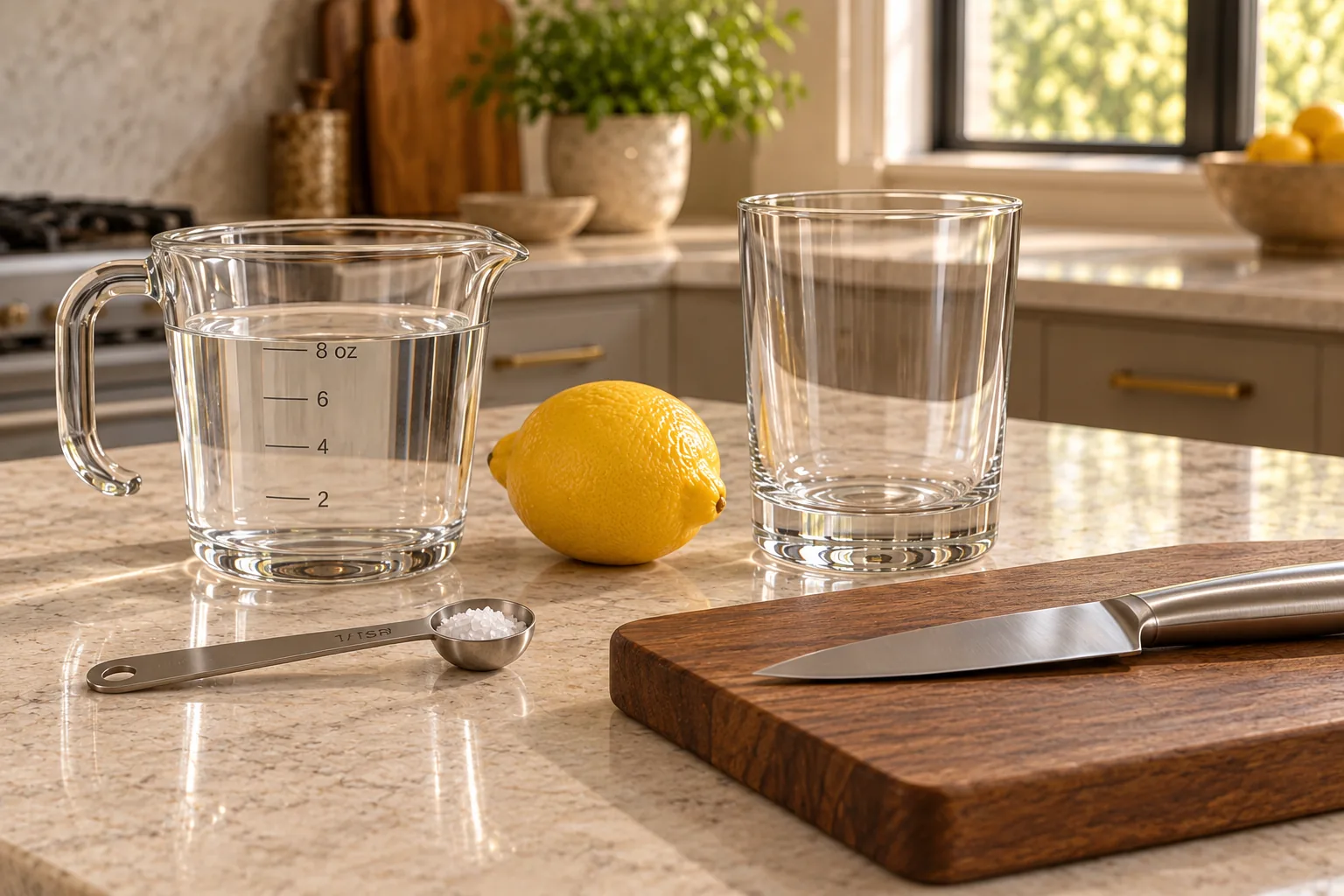 Eight ounces filtered water with one lemon, measured natural salt, empty glass, knife and board for Full GAPS