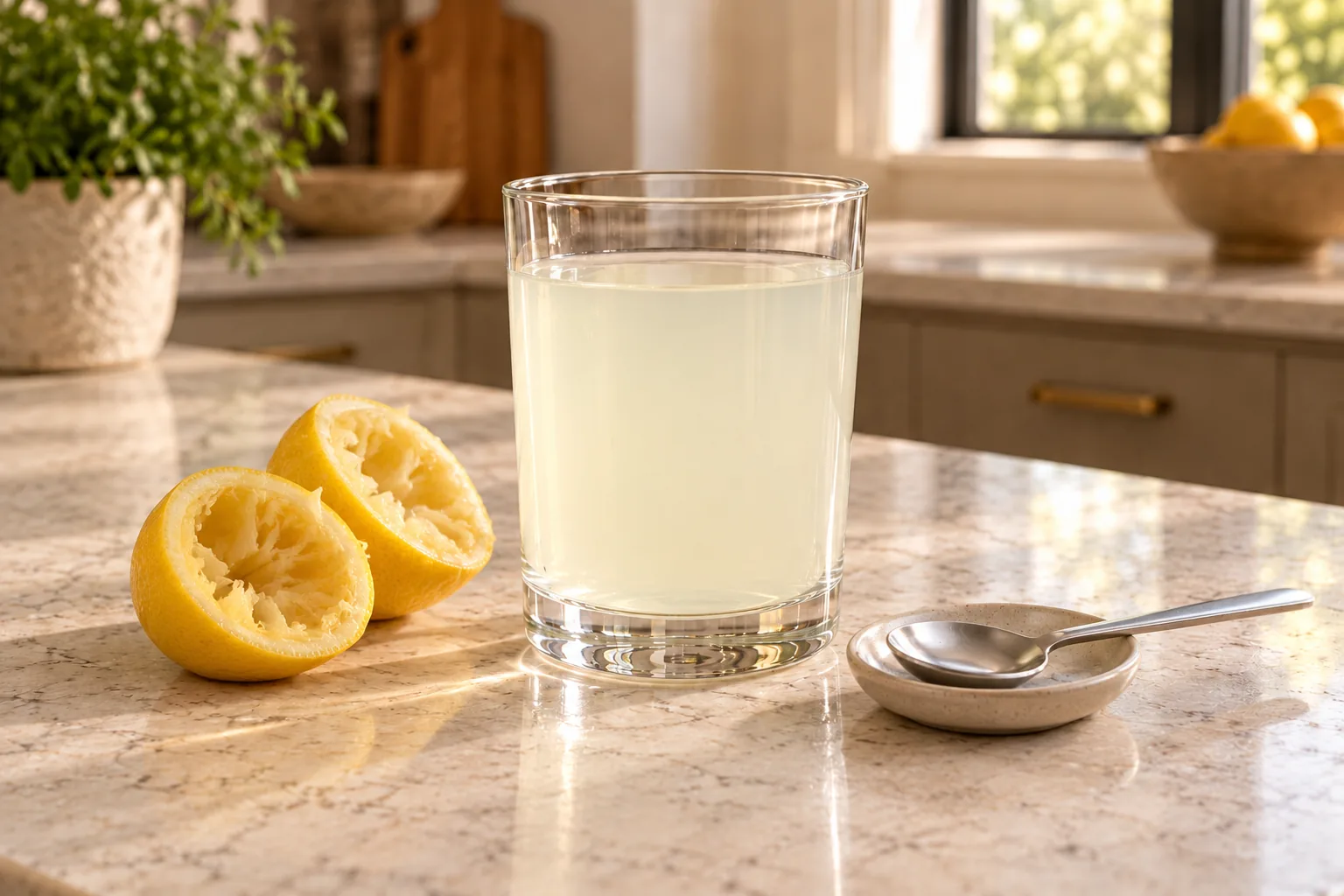 Plain-water lemon electrolyte drink for Full GAPS stirred clear of salt beside exactly two squeezed lemon halves