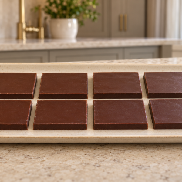 Eight thin raw-honey cocoa-butter chocolate bar pieces arranged in two rows