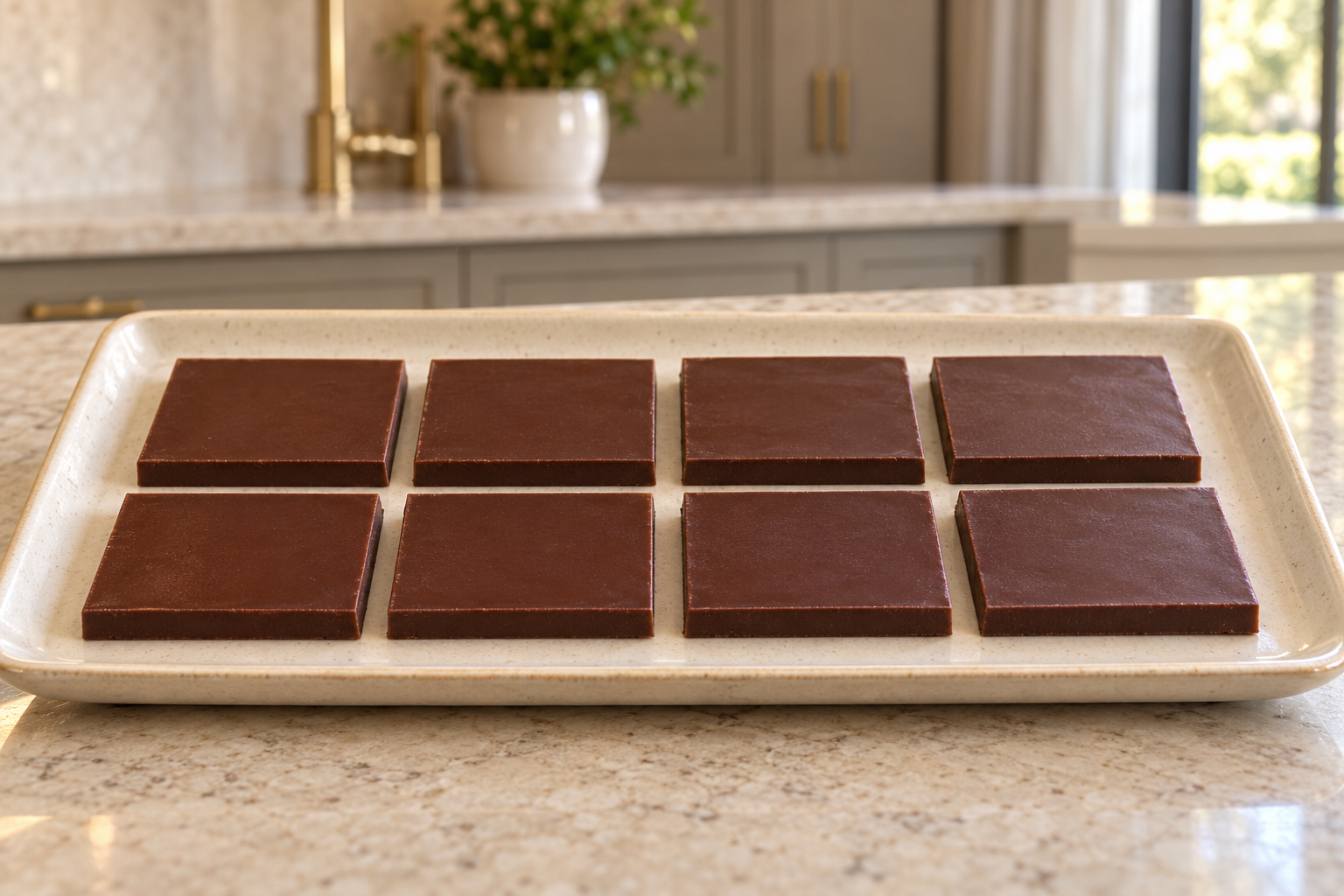 Eight thin raw-honey cocoa-butter chocolate bar pieces arranged in two rows