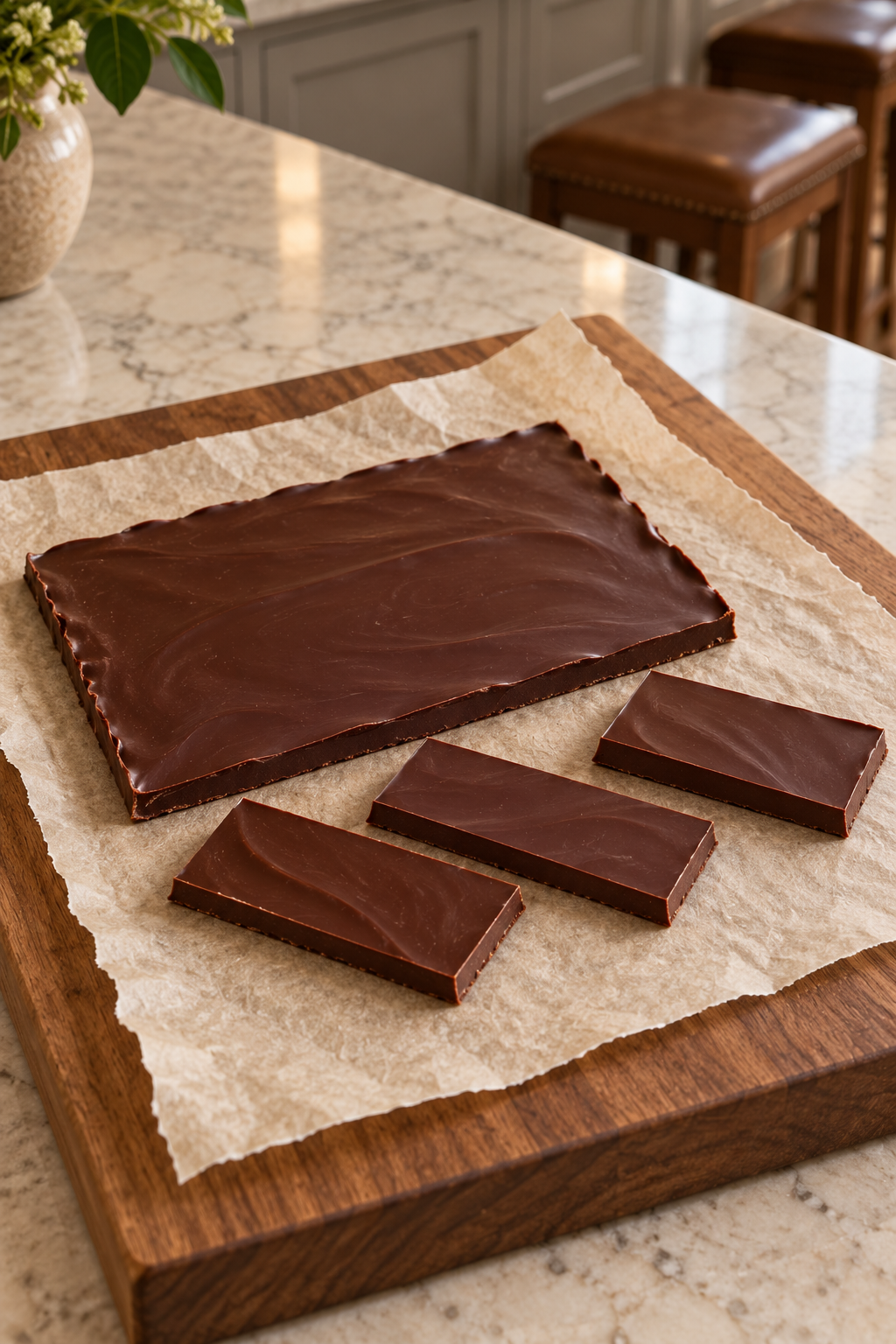 A thin handmade cocoa-butter chocolate slab with three cut rectangular pieces