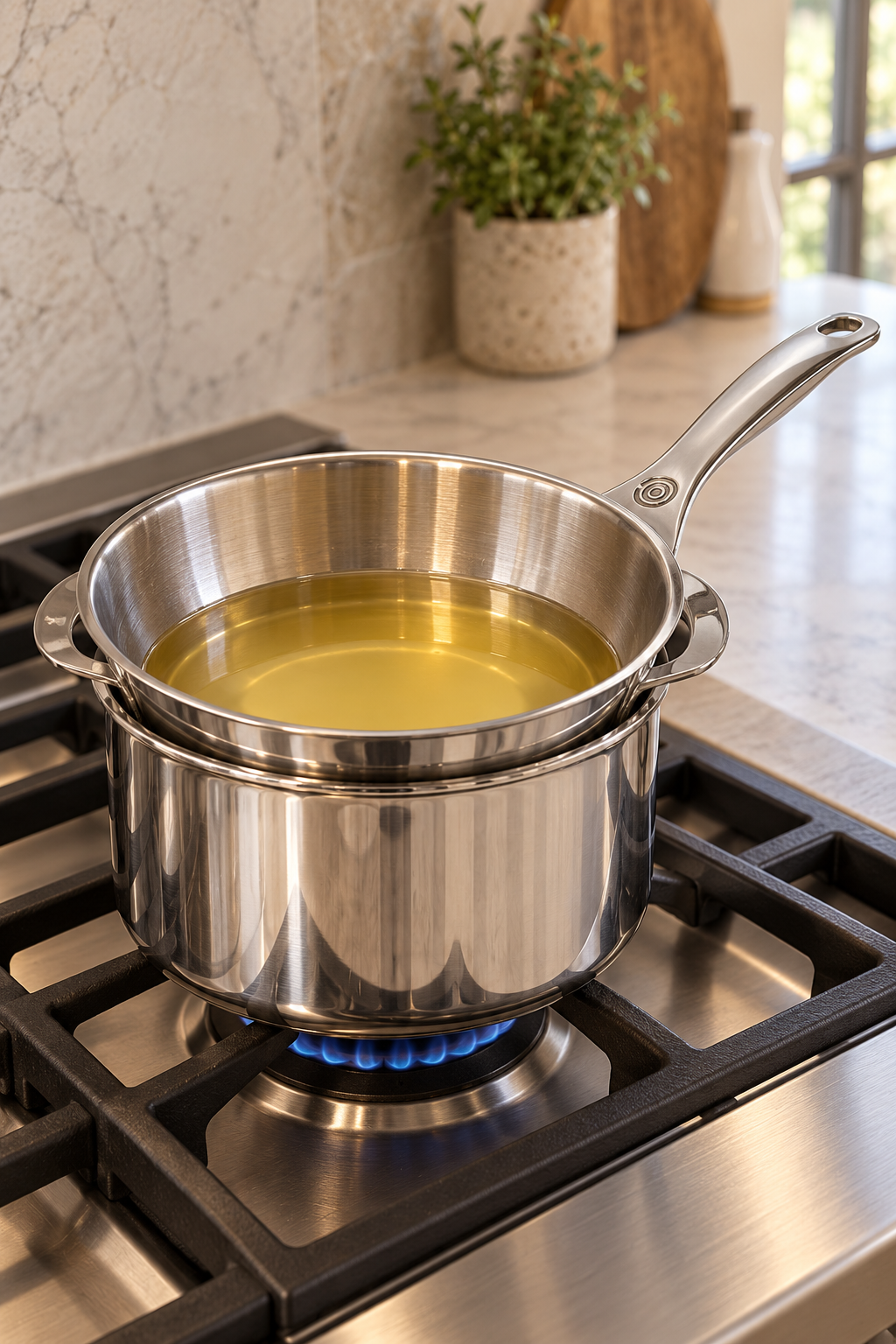 Raw cocoa butter melting water-free in a stainless double boiler