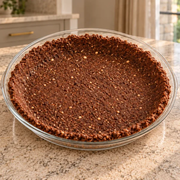 Empty cocoa-almond no-bake pie crust pressed into a clear glass dish in the WFLI kitchen