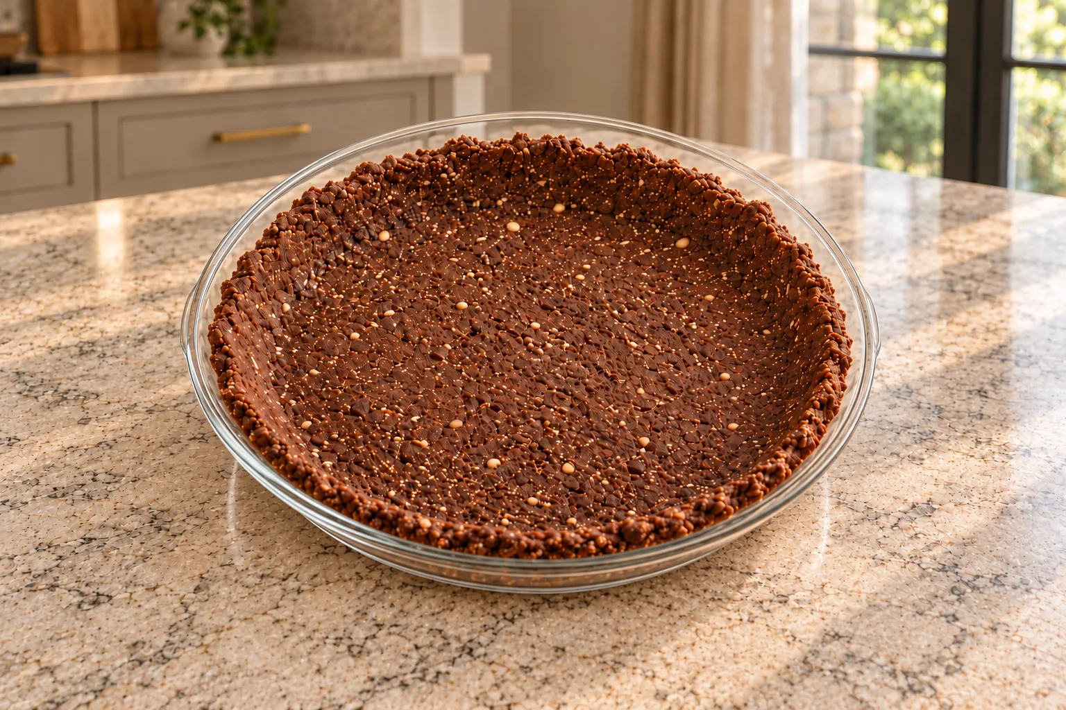 Finished empty no-bake chocolate almond pie crust pressed into a clear glass pie plate
