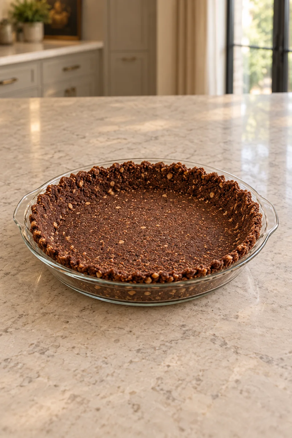 Vertical view of a finished empty no-bake cocoa-almond pie crust in a clear glass pie plate