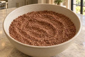 Dry prepared almond flour, cocoa and salt mixed in a bowl before adding oil or honey