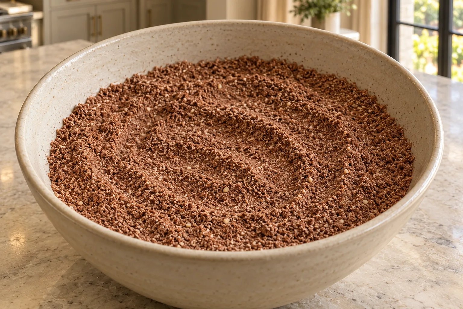 Prepared almond flour, cocoa and mineral salt mixed dry in a bowl for a later Full GAPS pie crust