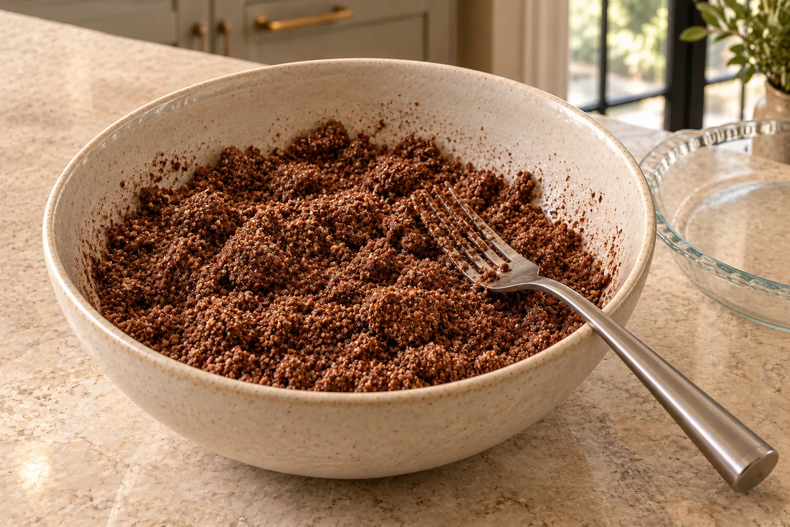 Damp cocoa-almond crumbs loosely clumping after coconut oil, honey and ice water are folded in