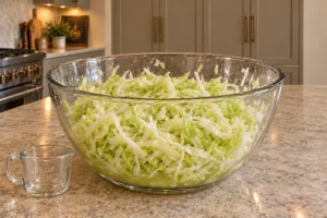 Raw cabbage just mixed with sea salt and a quarter cup of completed sauerkraut brine for GAPS, before the first bowl rest