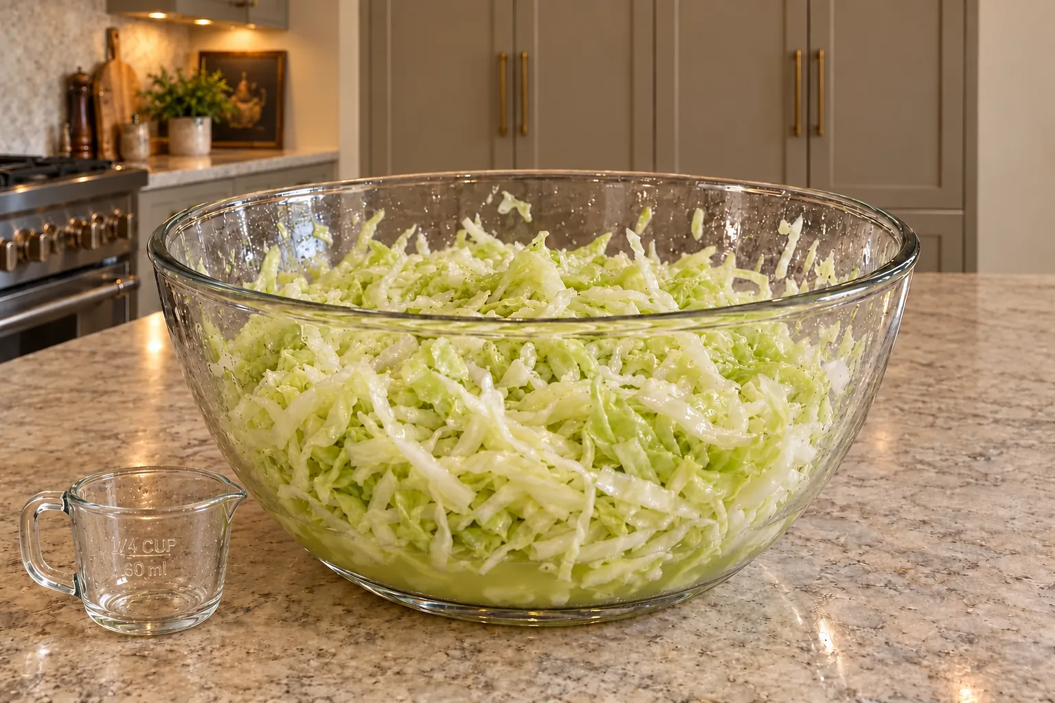 Raw cabbage just mixed with sea salt and a quarter cup of completed sauerkraut brine for GAPS, before the first bowl rest