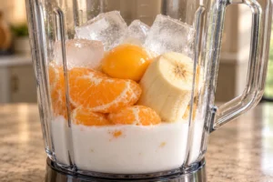 Homemade coconut milk, orange pieces, ripe banana, raw egg yolk and ice in a blender pitcher before blending