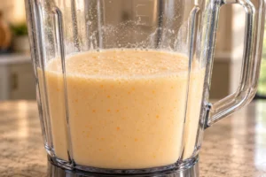 Pale-orange coconut smoothie uniformly blended with fine froth in a blender pitcher