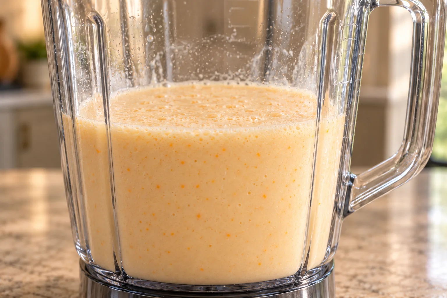 Smooth pale-orange coconut milk mixture in a blender pitcher just before pouring the Full GAPS smoothie