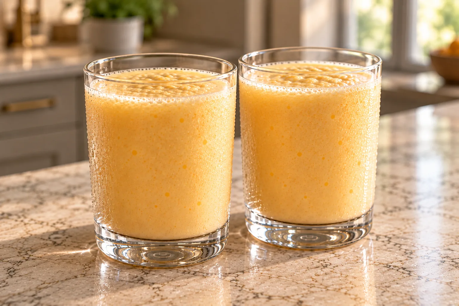 Two close glasses of creamy pale-orange coconut milk smoothie for Full GAPS