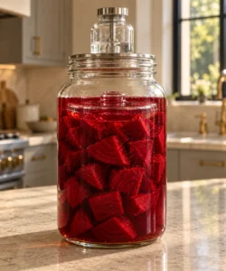 One-inch beet chunks fully submerged under a glass weight in plain beet kvass