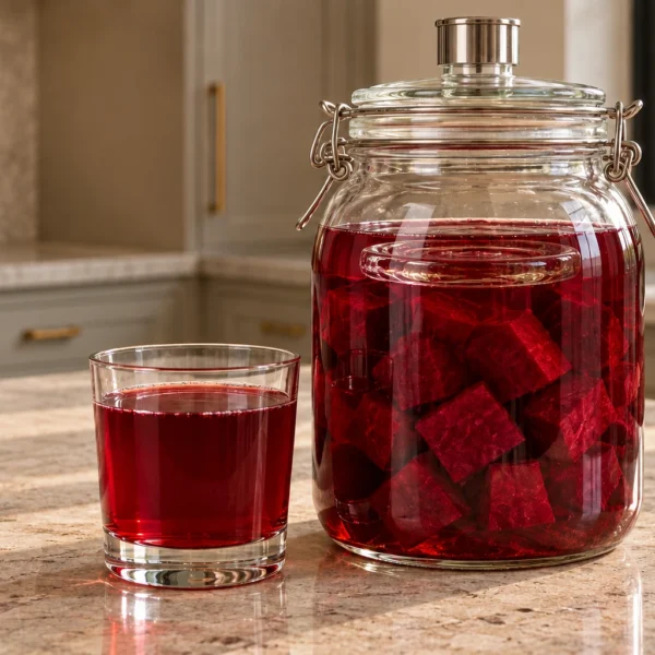 Plain no-whey beet kvass in a clear glass beside a two-quart fermentation jar