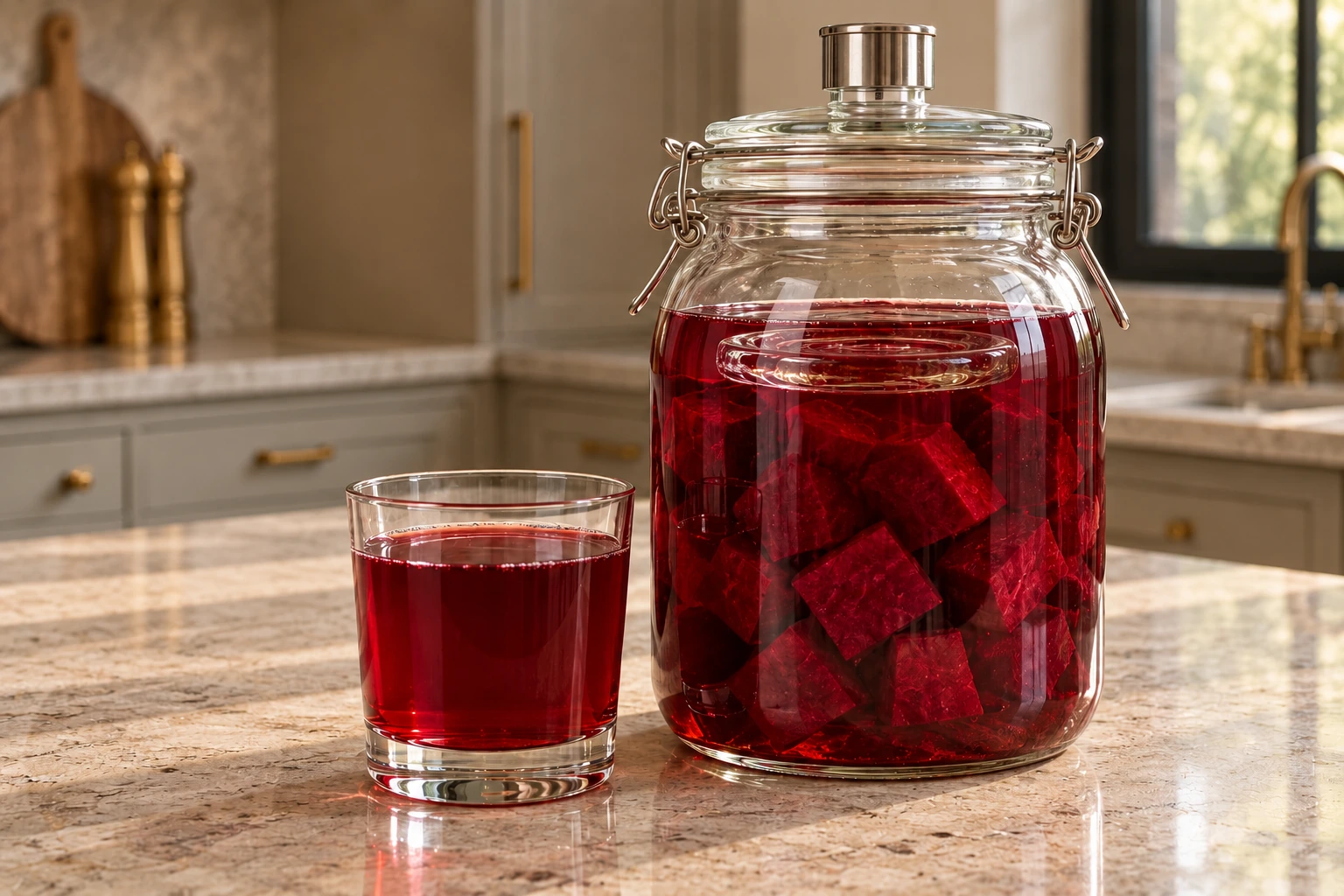 Plain no-whey beet kvass in a clear glass beside a two-quart fermentation jar