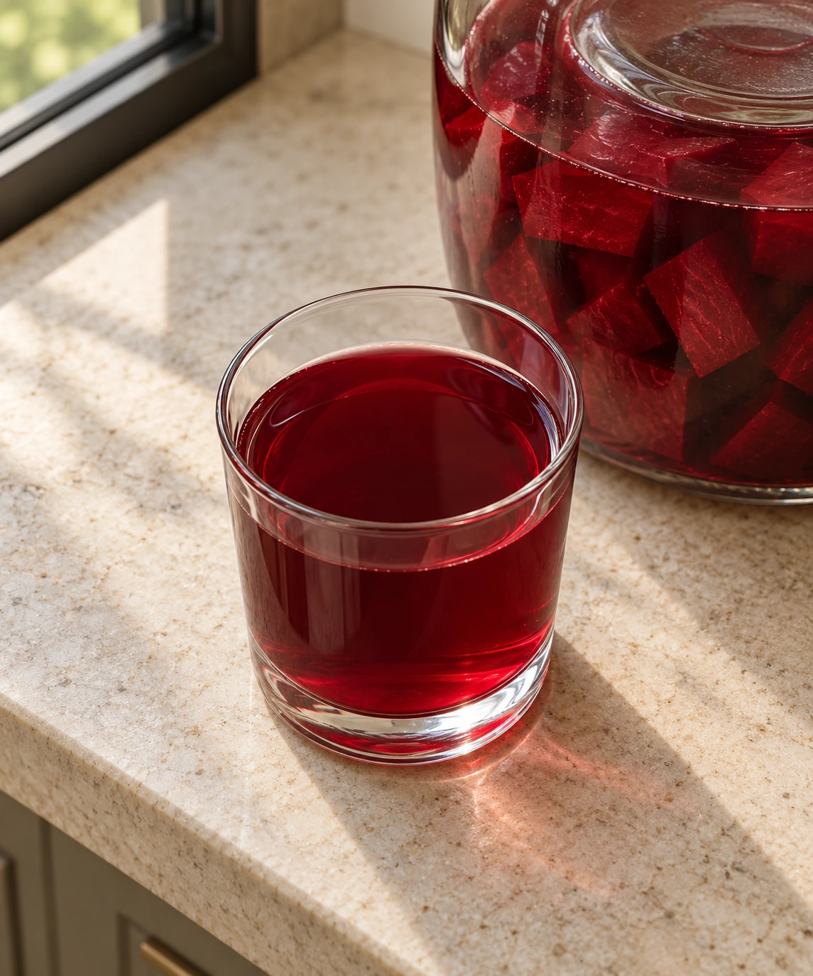 Overhead glass of deep ruby plain beet kvass beside the fermentation jar
