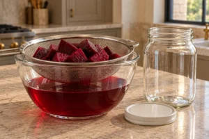 Fermented beet chunks draining in a stainless strainer over strained ruby kvass