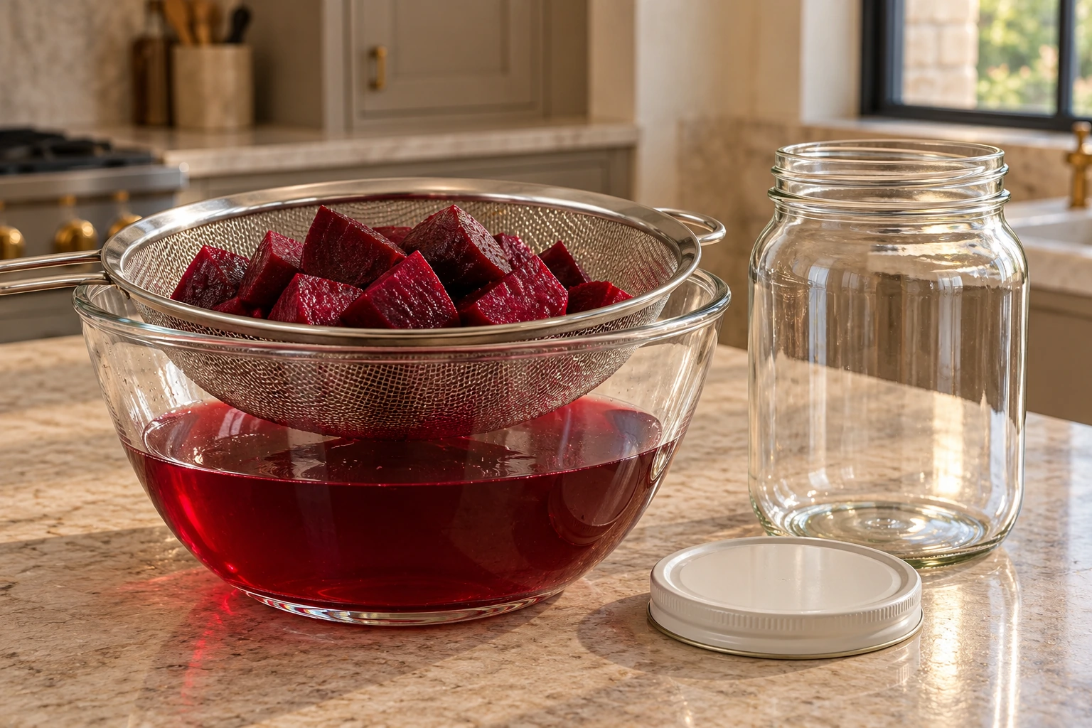 Fermented beet chunks draining in a stainless strainer over strained ruby kvass
