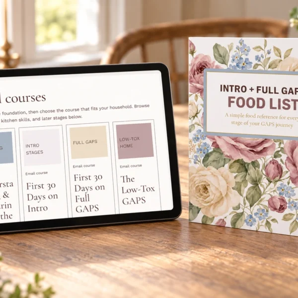 WFLI email courses displayed on a tablet beside the Intro and Full GAPS Food List.