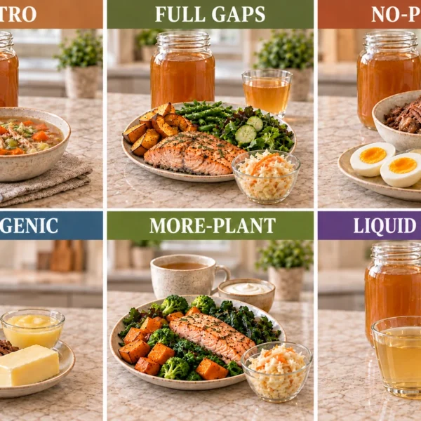 Six panels showing Intro, Full GAPS, No-Plant, Ketogenic, More-Plant, and Liquid Fasting.