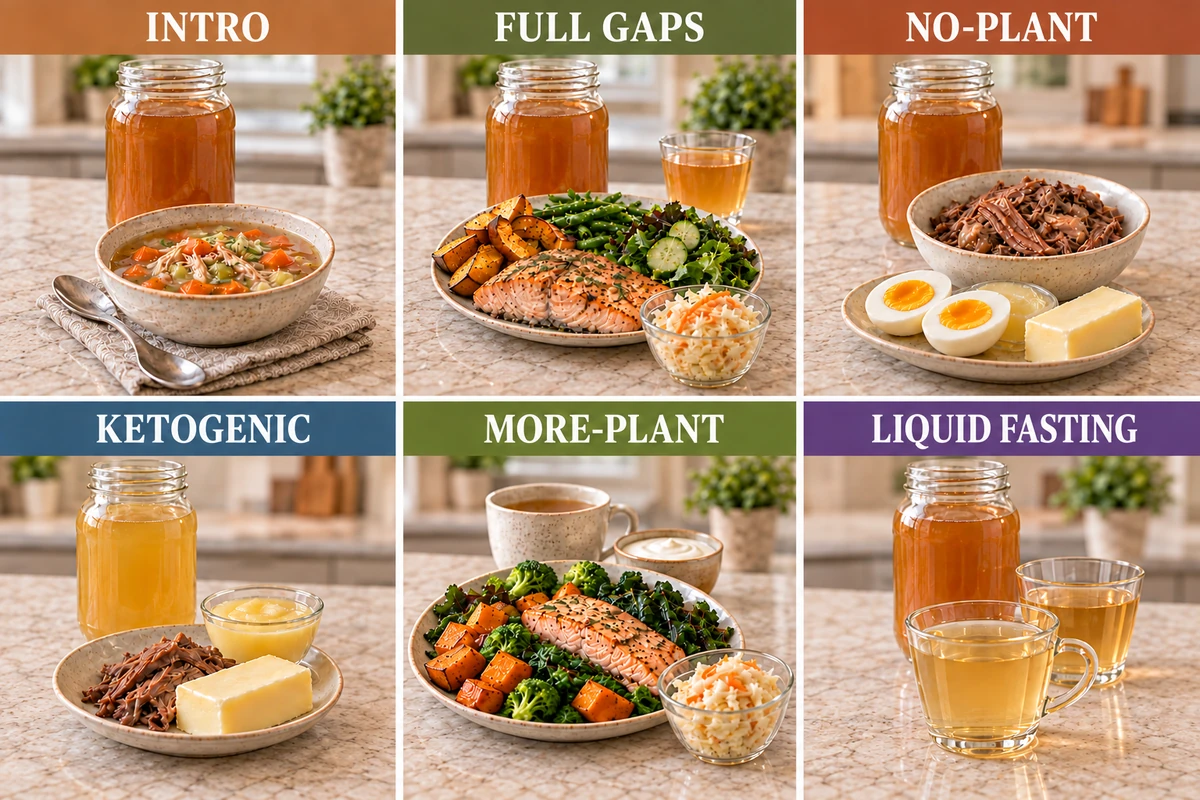 Six panels showing Intro, Full GAPS, No-Plant, Ketogenic, More-Plant, and Liquid Fasting.