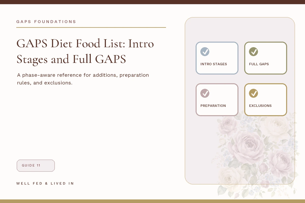 WFLI GAPS Diet Food List covering Intro stages, Full GAPS, preparation, and exclusions.