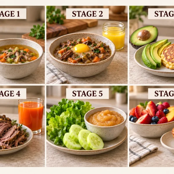 Six panels showing a food cue for each stage of the GAPS Introduction Diet.